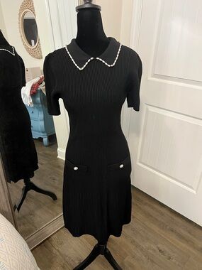 KARL LAGERFELD PARIS Black Knit Dress with Pearl-Trim Collar